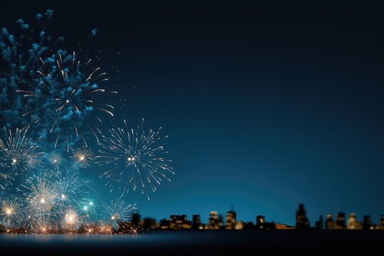 A vibrant background image showcasing a spectacular New Year's fireworks display, perfect for creative content and celebration themes. Photorealistic illustration