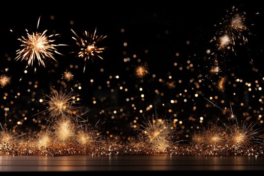 A captivating background image for creative content during a New Year's celebration, featuring sparklers illuminating the scene with blurred fireworks in the background. Photorealistic illustration