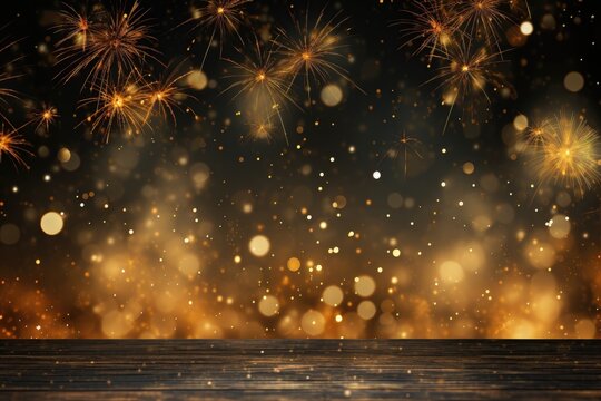 A dynamic background image for creative New Year's content, featuring colorful fireworks illuminating the sky against a backdrop of blurred holiday lights. Photorealistic illustration