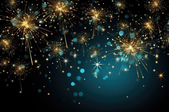 A background image for creative New Year's content, featuring a starry night sky adorned with colorful fireworks celebrating the festivities. Illustration