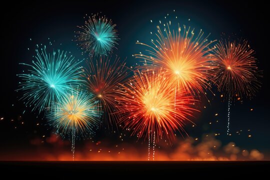 An ideal background image for creative content, setting the stage for New Year celebrations with colorful fireworks painting the night sky. Illustration
