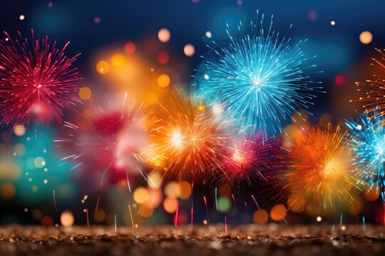 A background image, highlighting the festive atmosphere of New Year celebrations with colorful sparklers and a soft, blurred glow of holiday lights. Photorealistic illustration