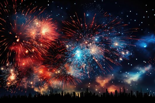 A captivating background image for creative content, perfect for New Year celebrations, featuring dazzling and vibrant fireworks against a starry night sky. Photorealistic illustration