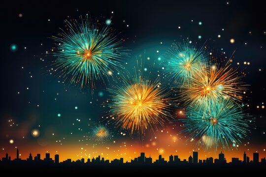 A backdrop image suitable for creative content, featuring vibrant fireworks illuminating the cityscape during New Year celebrations. Illustration