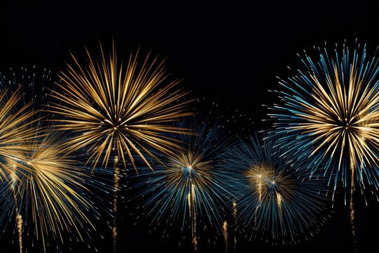 A background image designed for creative content, ideal for New Year celebrations, showcasing brilliant blue and yellow fireworks. Photorealistic illustration