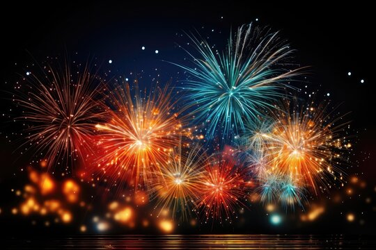 A background image tailored for creative content, perfectly suited for New Year celebrations, with a sky filled with a colorful burst of fireworks. Photorealistic illustration