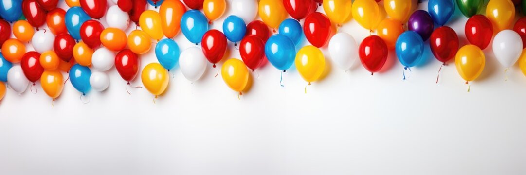 A wide-format background image with a clean white backdrop, perfect for celebrations, adorned with an array of vibrant and colorful balloons. Photorealistic illustration