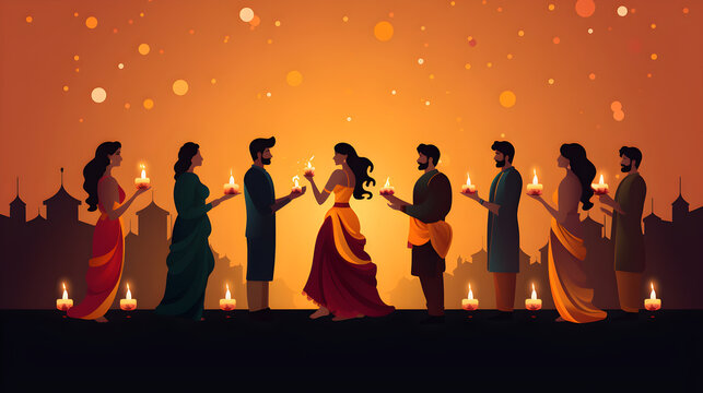 Happy Diwali card with people, vector illustration background.