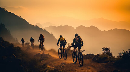 Adventure tourists by bicycle. touring cyclists practicing in the mountains. Generative Ai
