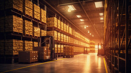 Automatic warehouse with high shelves. Generative Ai - obrazy, fototapety, plakaty