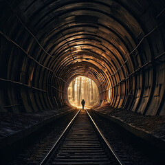 Fototapeta na wymiar A Woman Walking Through a Long Train Tunnel