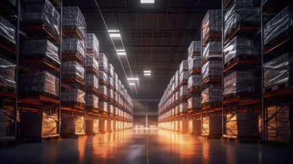 Automatic warehouse with high shelves. Generative Ai