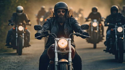 Naklejka premium Group of friends motorcycle riders riding toghether. Generative Ai