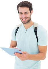 Digital png photo of caucasian man using tablet on transparent background