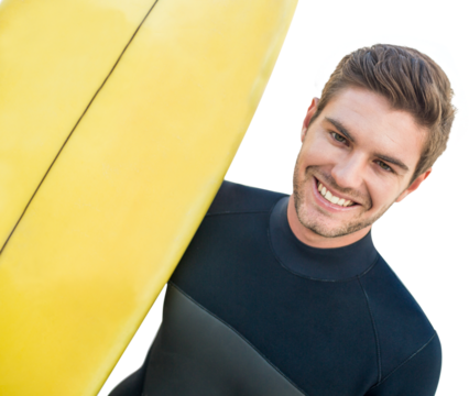 Digital png photo of smiling caucasian man with surfboard on transparent background