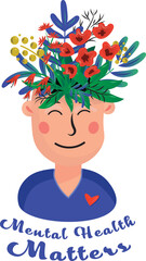 Digital png illustration of mental health matters text, head and flowers on transparent background