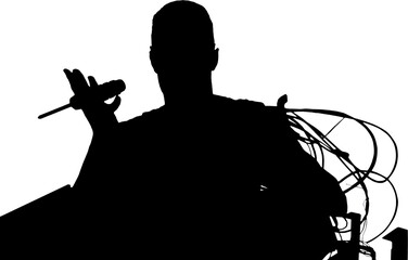 Digital png illustration of silhouette of man with screwdriver on transparent background