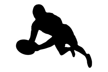 Digital png illustration of silhouette of rugby player with rugby ball on transparent background