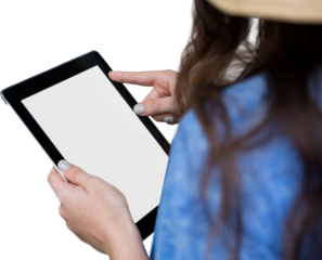 Digital png photo of hands of woman using tablet on transparent background