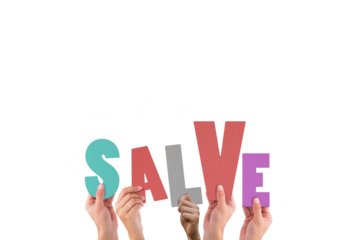 Digital png illustration of hands with salve text on transparent background
