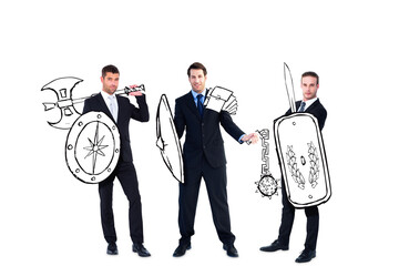 Digital png photo of caucasian businessmen with armour on transparent background