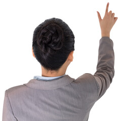 Digital png photo of rear view of asian businesswoman pointing on transparent background