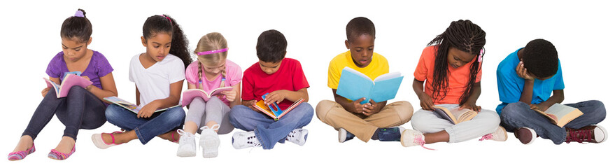Digital png photo of diverse school children reding books on transparent background
