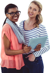 Digital png photo of diverse women with tablet on transparent background