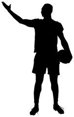 Digital png illustration of silhouette of rugby male player with ball on transparent background