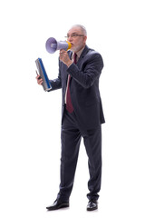 Old businessman holding megaphone isolated on white