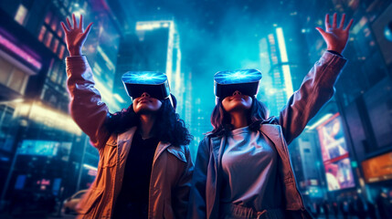 two young women wearing virtual reality glasses in a large modern city at night. Generative Ai