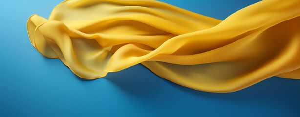 Obraz premium satin yellow drapery on blue background. Generative Ai