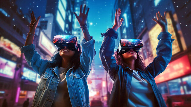 two young women in virtual reality glasses with their hands raised on the streets of the night city. Generative Ai