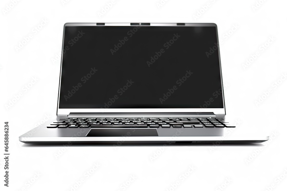 Poster digital workspace. open laptop for business. connected technology. blank notebook screen on white ba
