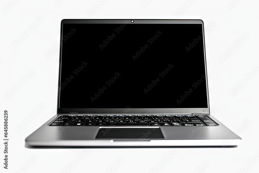Poster digital workspace. open laptop for business. connected technology. blank notebook screen on white ba
