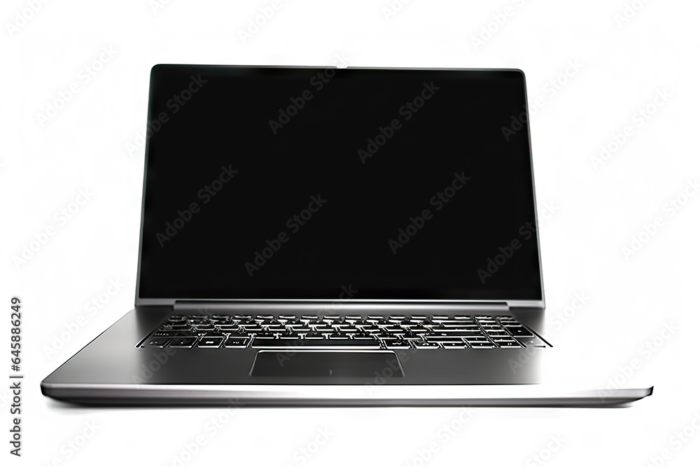 Poster digital workspace. open laptop for business. connected technology. blank notebook screen on white ba