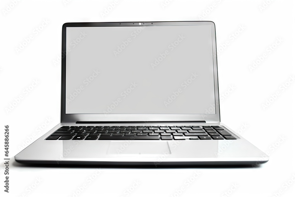 Poster digital workspace. open laptop for business. connected technology. blank notebook screen on white ba
