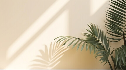 palm branches against a background of a light beige wall flooded with sunlight. Generative Ai