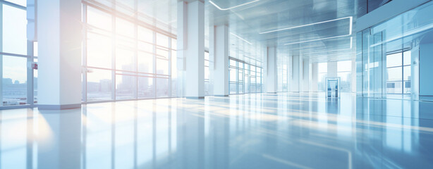 Fototapeta premium modern bright interior of an office building with large panoramic windows. Generative Ai