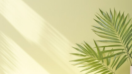 palm leaves against a background of a light beige wall bathed in sun. Generative Ai