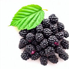 Blackberries and leaves are isolated on a white background. Top view. Flat lay. Generative AI 