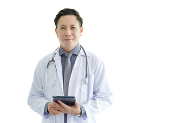 Portrait of asian senior doctor standing while using tablet on white background. COPY SPCAE.