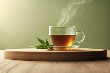 a cup of green tea on top of wooden table