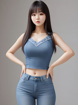 Model., japan girl aged 20, she is dressing up in a pair of fitted jeans. with a tight shirt. ai generative