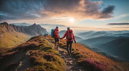 Obraz premium hiking in the mountains Happy group of friends hiking together Hiker helping friend reach the mountain top