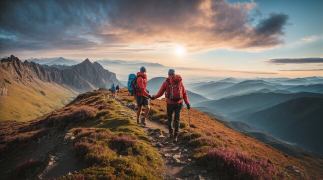 hiking in the mountains Happy group of friends hiking together  Hiker helping friend reach the mountain top