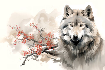 Image of wolf with pink cherry blossoms in ancient chinese style. Wildlife Animals. Nature. Illustration, Generative AI. - obrazy, fototapety, plakaty