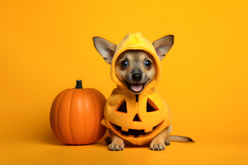 Cute puppy dog in Halloween dressed costume with pumpkin in studio yellow background