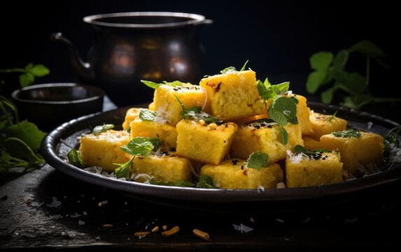 Close-up of khaman dhokla, a Gujarati snack