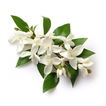 Image of west indian jasmine on white background. Nature. Illustration, Generative AI.